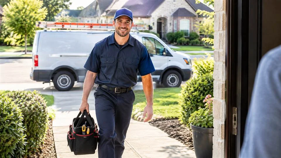 Plumber Service TX technician arriving at a Dallas–Fort Worth home with a tool bag, service van in the driveway